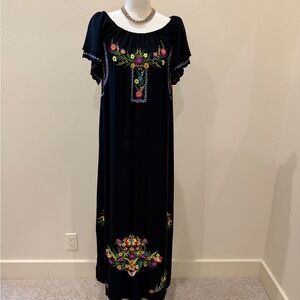 Black Embroidered Maxi Dress with Floral Motif